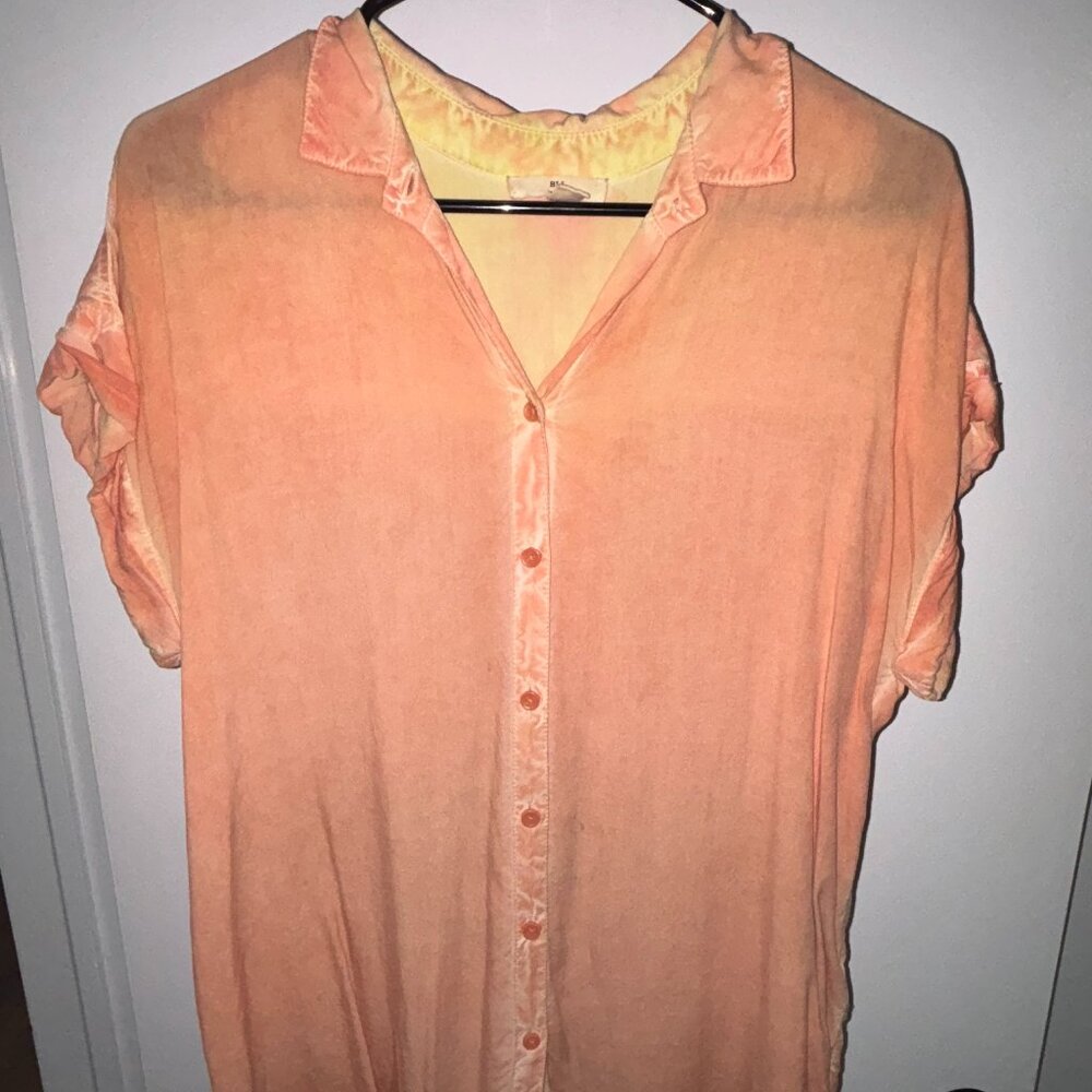 BLL Distressed Flowy Short Sleeve Button Down with Sun-Bleached Details, Size M